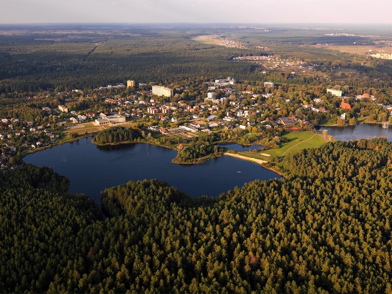 Aerial view of a lakeside town