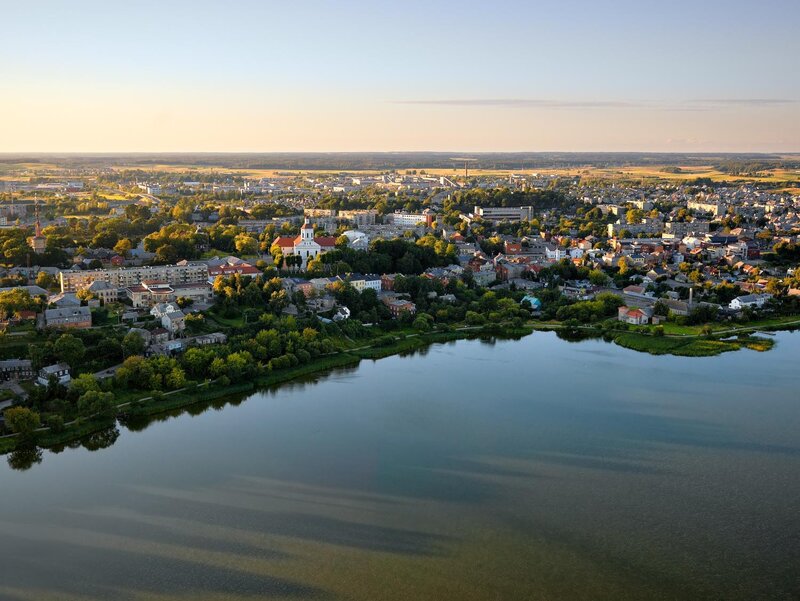 Aerial view of a lakeside town