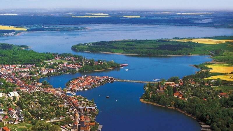 aerial view of a lakeside town