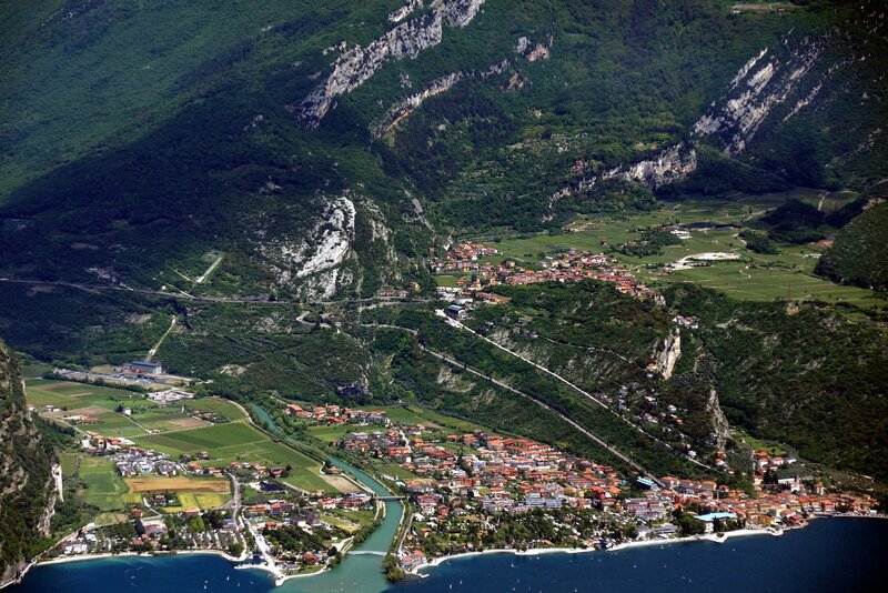 Aerial view of a lakeside town