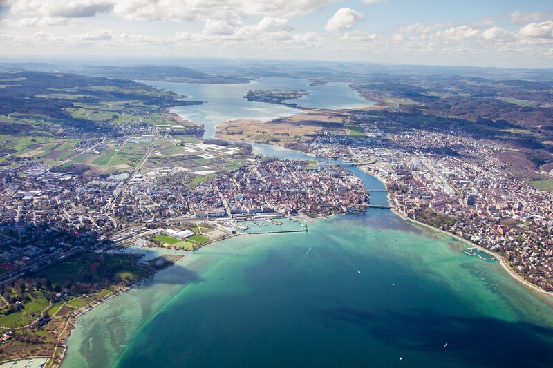 Aerial View of a Lakeside Town — Blue