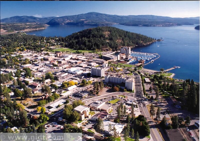 Aerial view of a lakeside town
