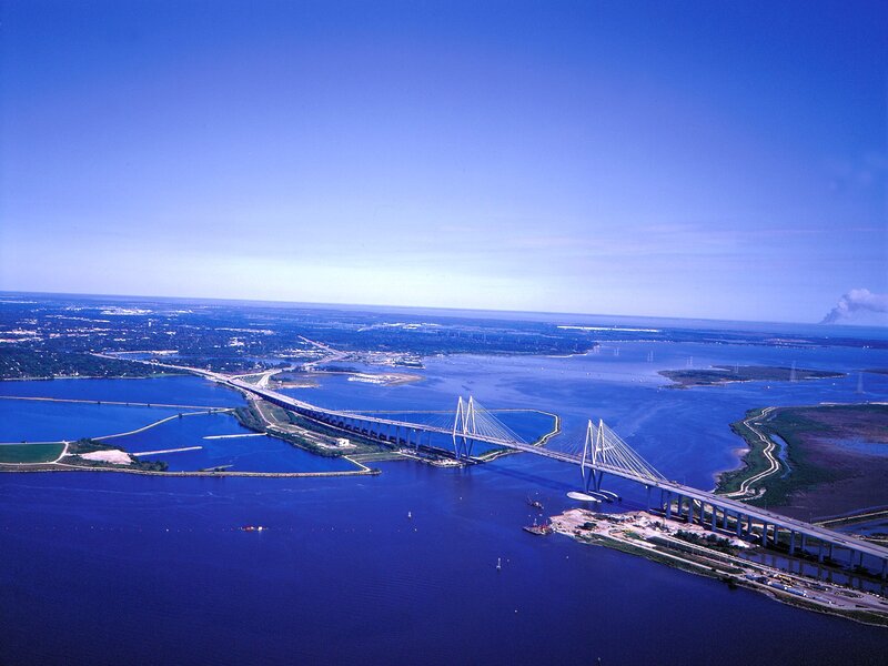 Aerial view of a large bridge