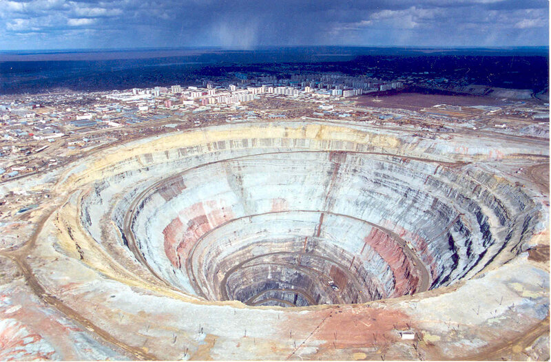 Aerial view of a large open-pit mine