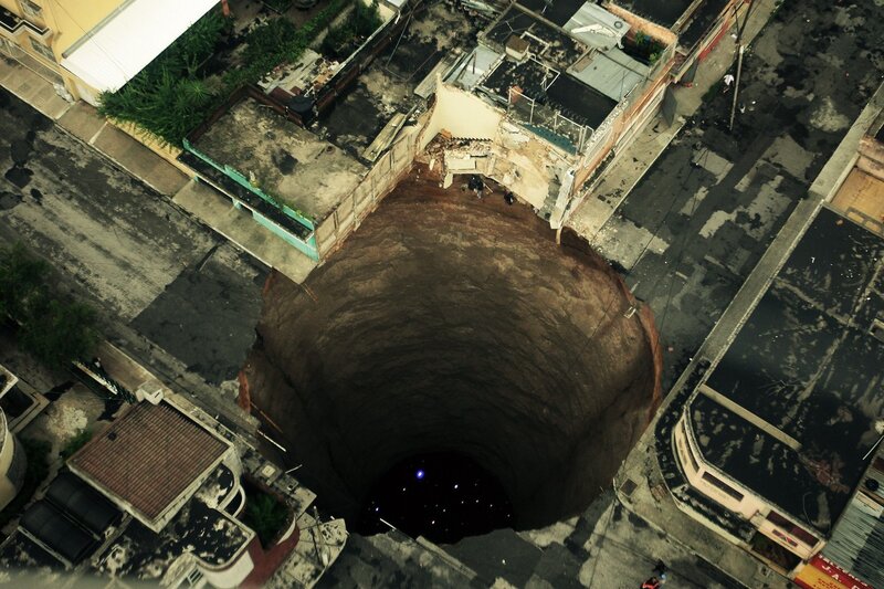 Aerial view of a large sinkhole