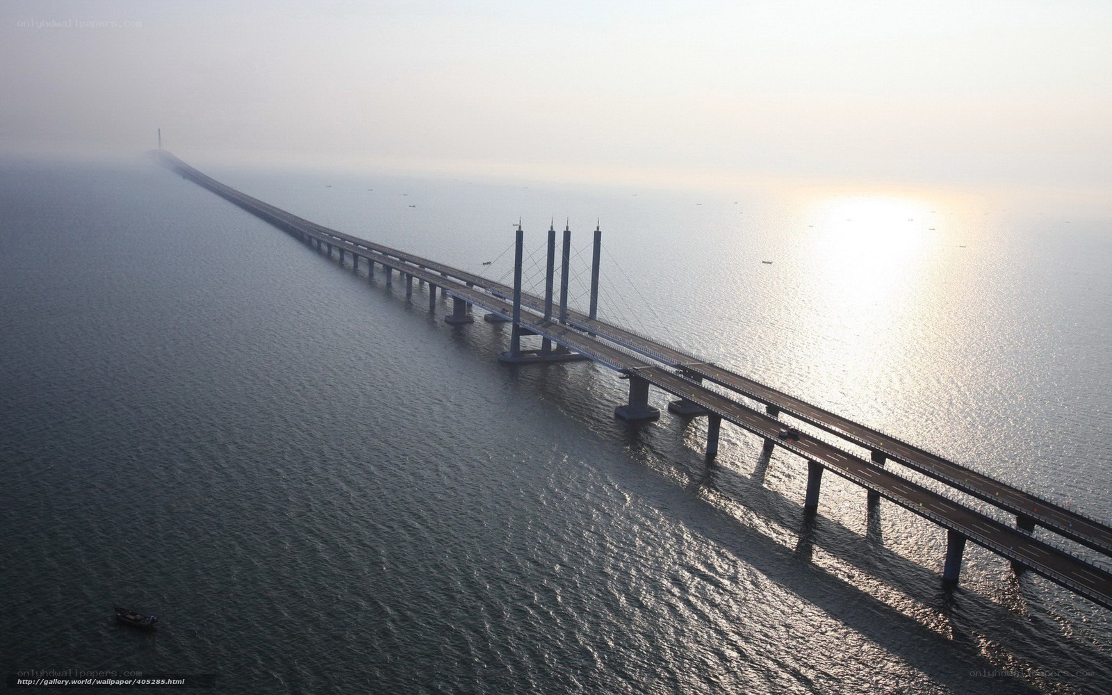 Aerial view of a long bridge