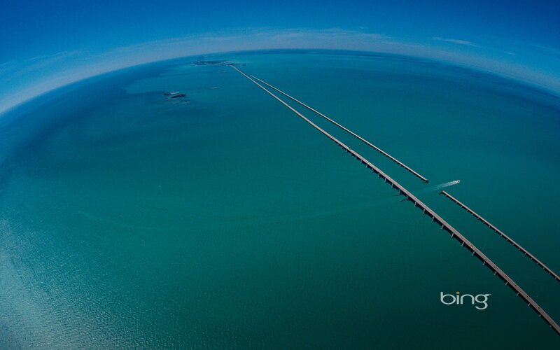 Aerial view of a long bridge
