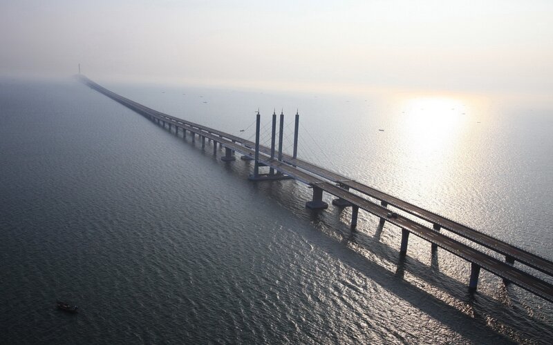 Aerial view of a long bridge