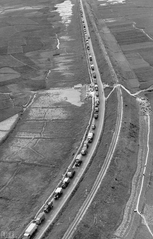 Aerial view of a long convoy