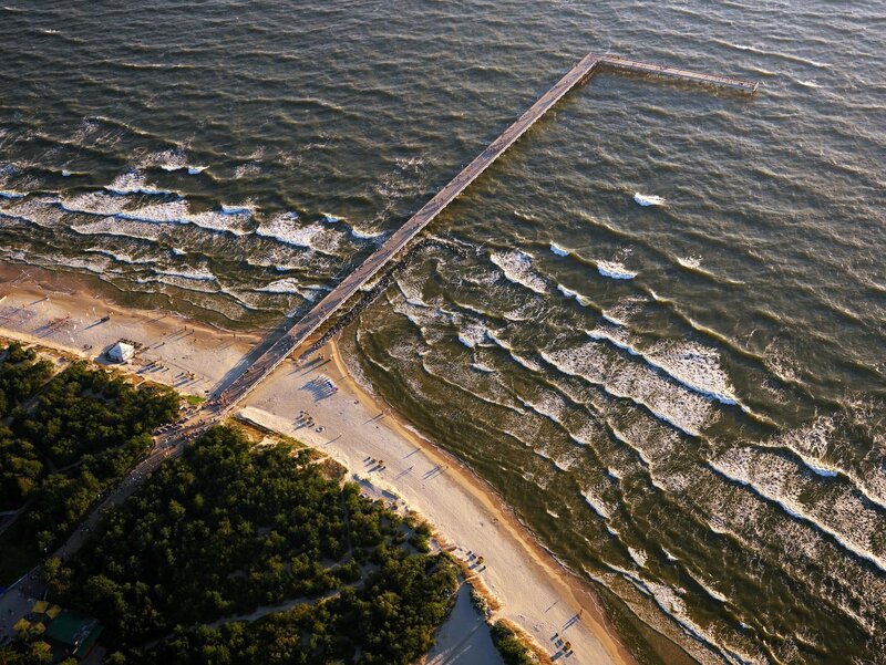 Aerial view of a long pier