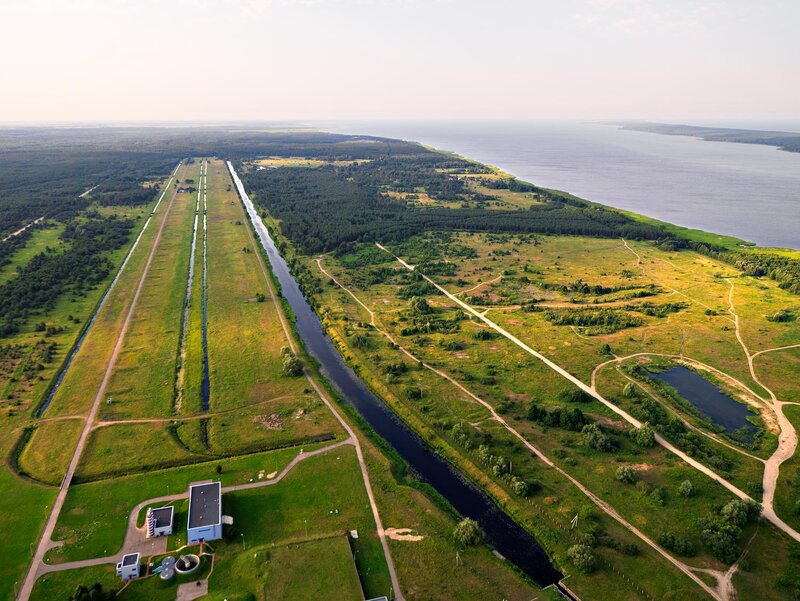 Aerial view of a long runway