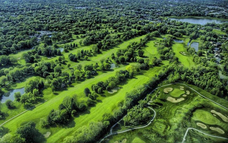 Aerial view of a lush golf course