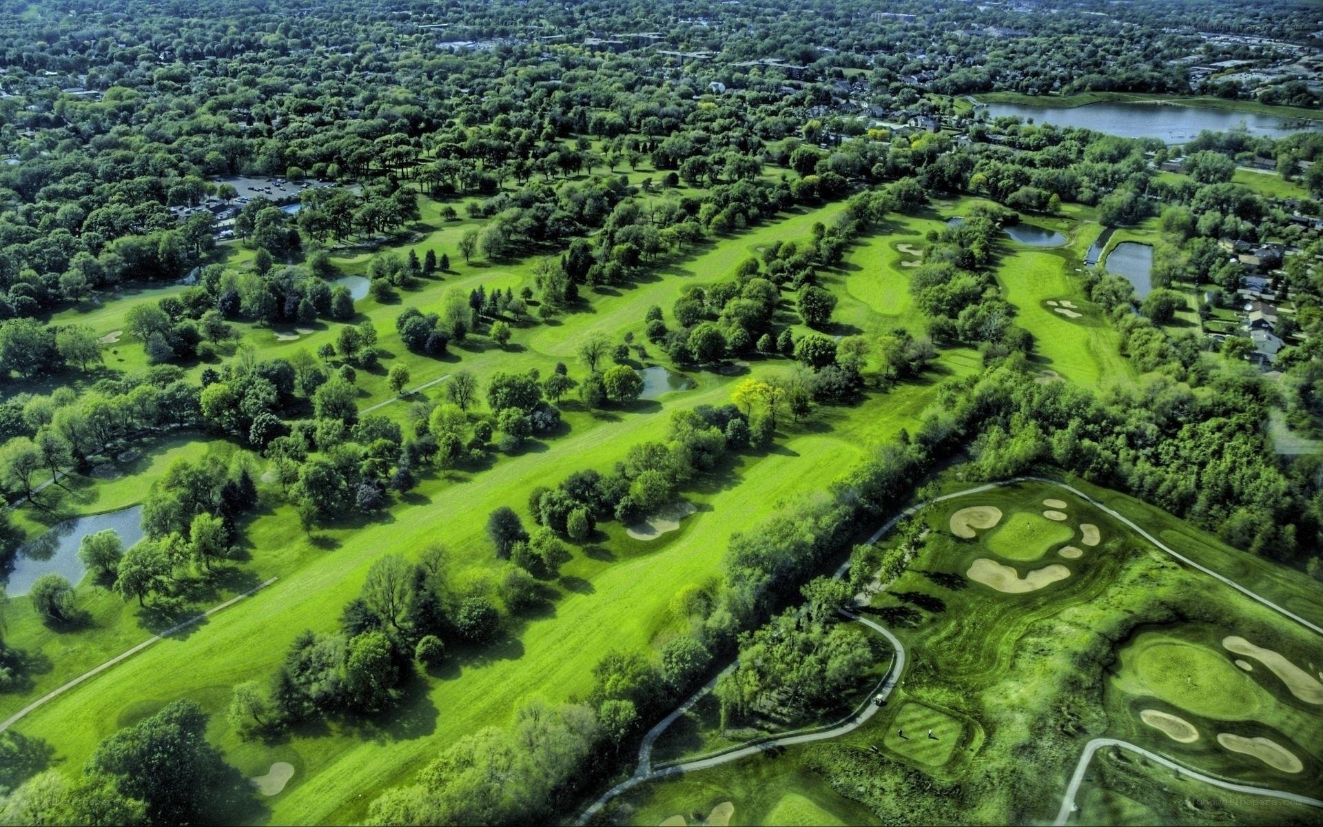 Aerial view of a lush golf course