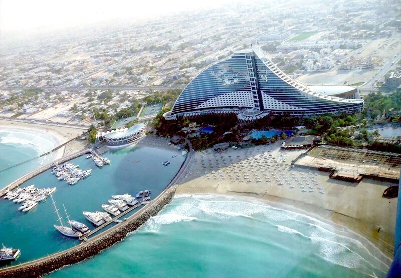 Aerial view of a luxury hotel and marina