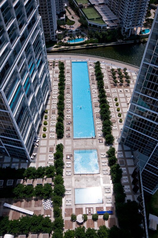 Aerial view of a luxury pool complex