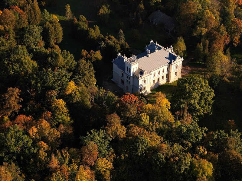Aerial view of a manor house