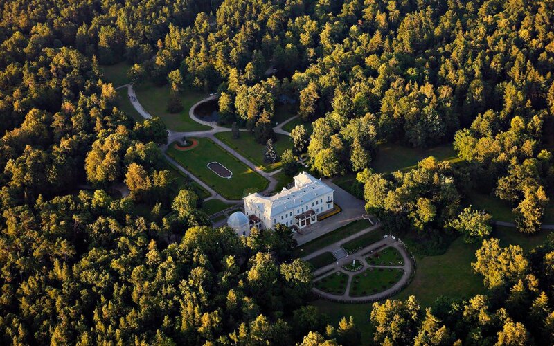 Aerial view of a manor house