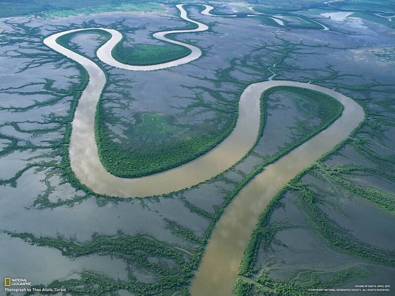 Aerial view of a meandering river
