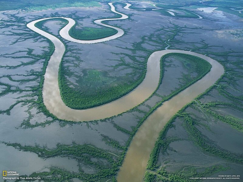 Aerial view of a meandering river