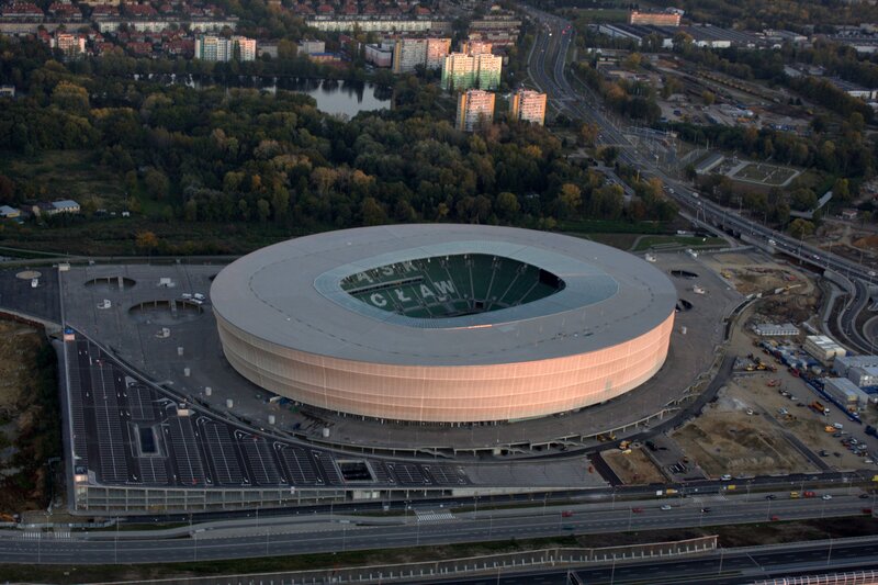 Aerial view of a modern stadium