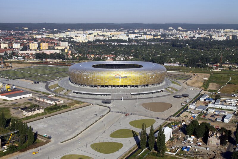 Aerial view of a modern stadium