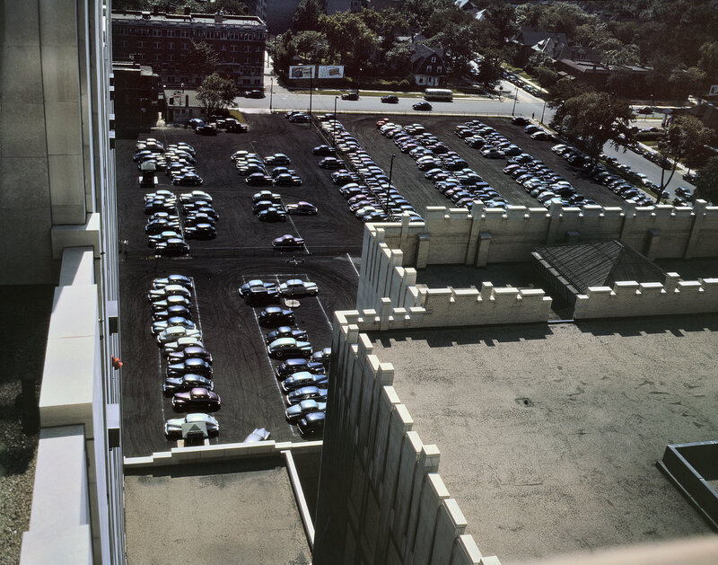Aerial view of a parking lot