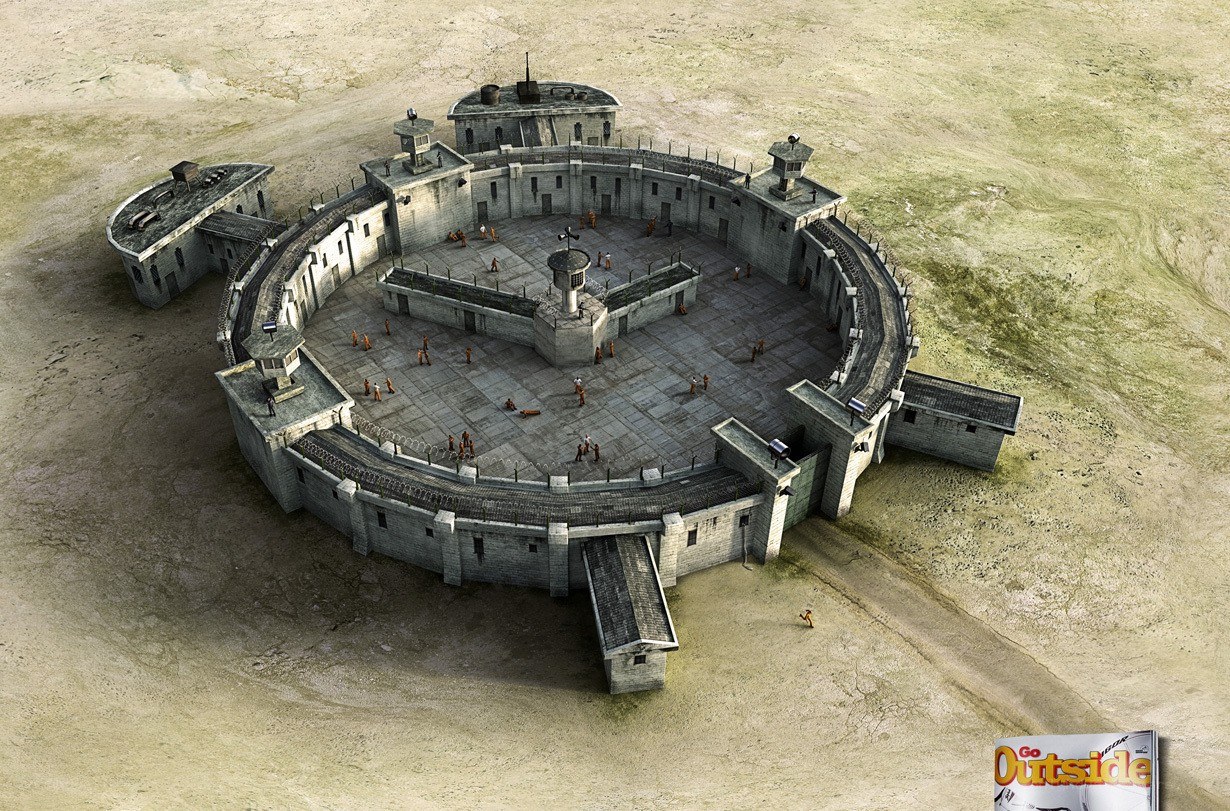 Aerial view of a prison complex