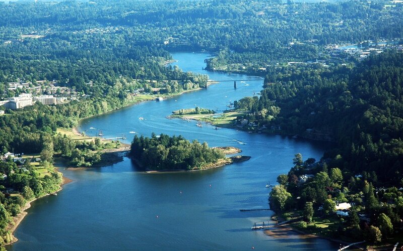Aerial view of a river and bridge