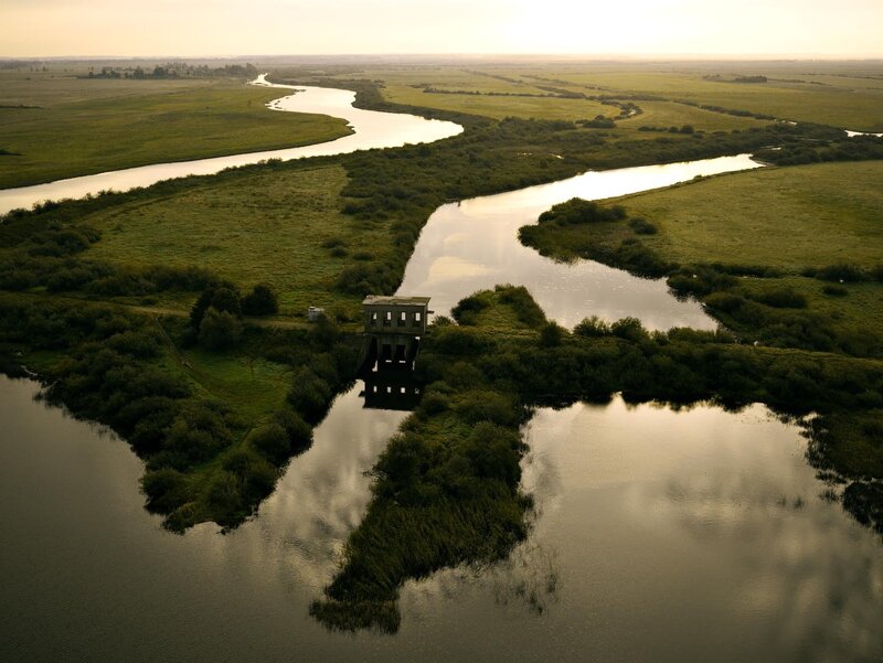 Aerial view of a river and dam