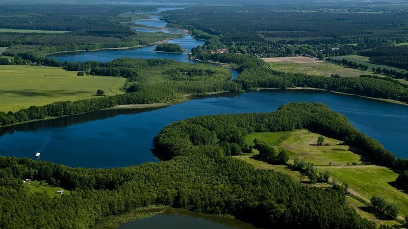 Aerial view of a river and lake