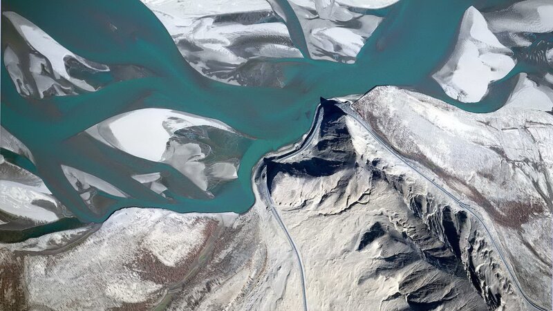 Aerial view of a river and mountains