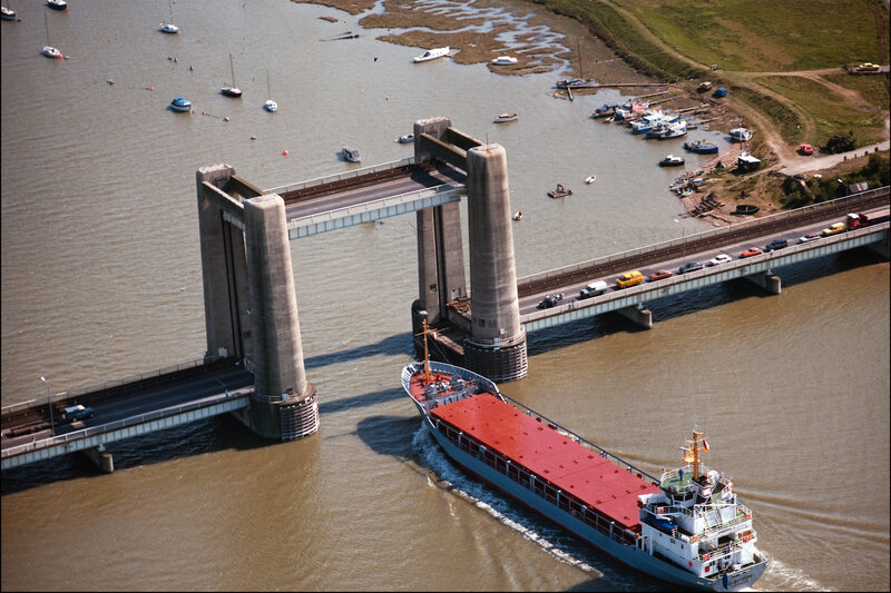 Aerial view of a river bridge