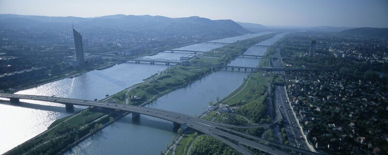 Aerial view of a river city