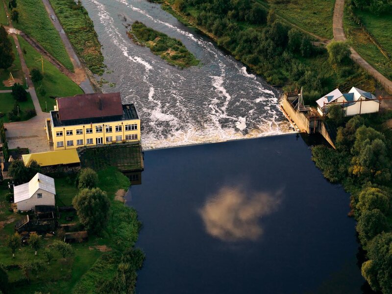 Aerial view of a river dam