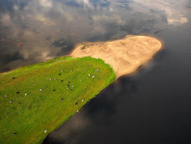 Aerial view of a river island