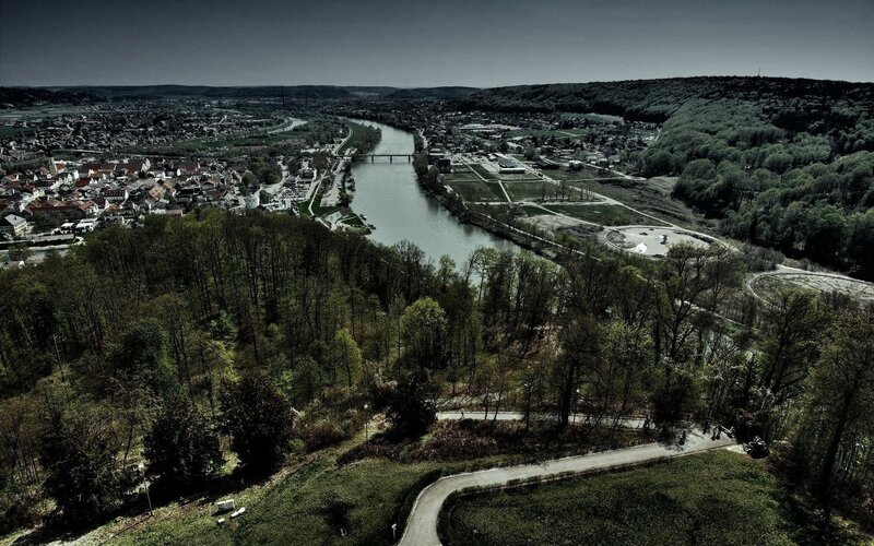Aerial view of a river town