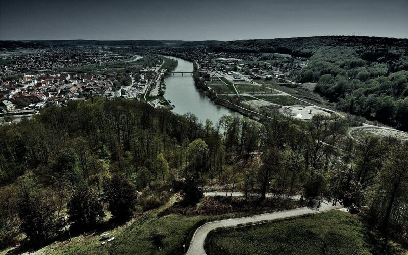Aerial view of a river town