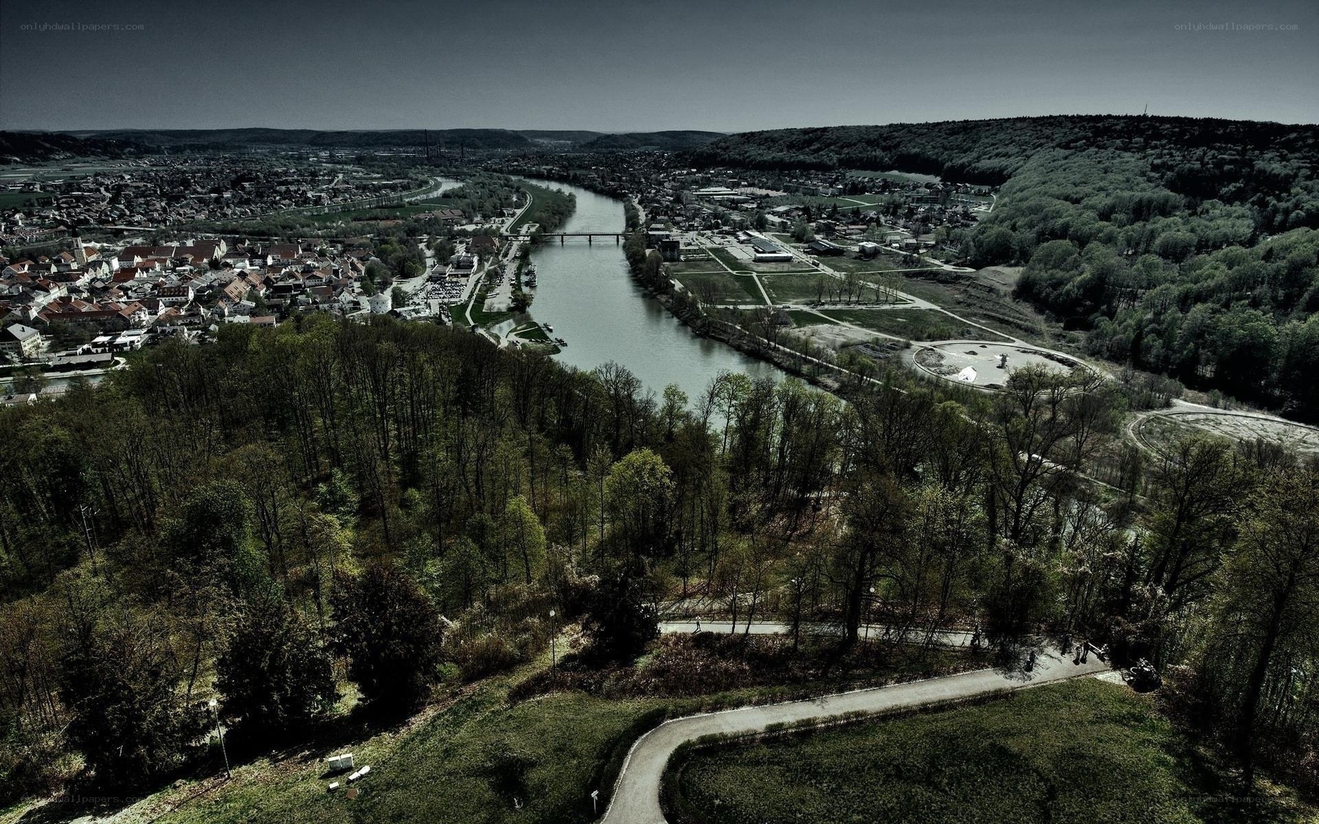Aerial view of a river town