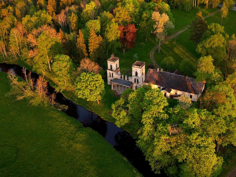 Aerial view of a riverside estate