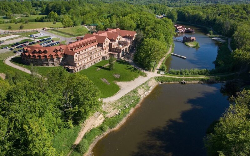 Aerial view of a riverside resort