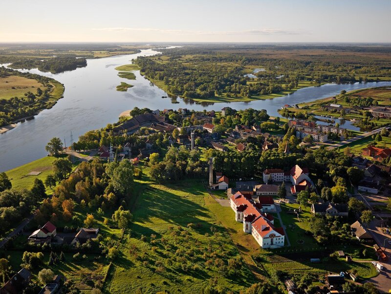 Aerial view of a riverside town