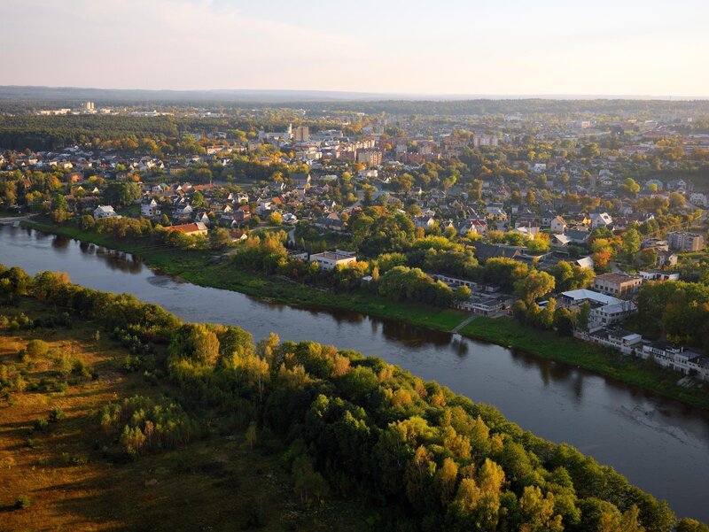 Aerial view of a riverside town