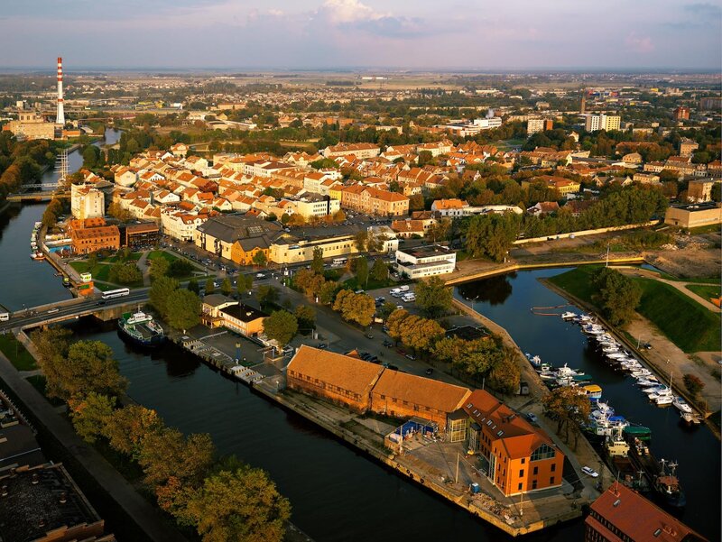 Aerial view of a riverside town