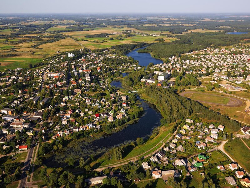 Aerial view of a riverside town