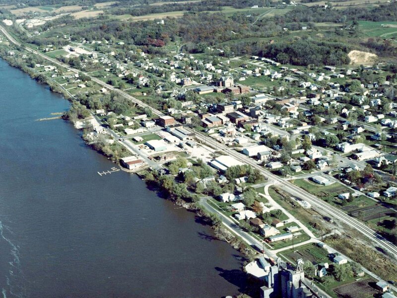 aerial view of a riverside town