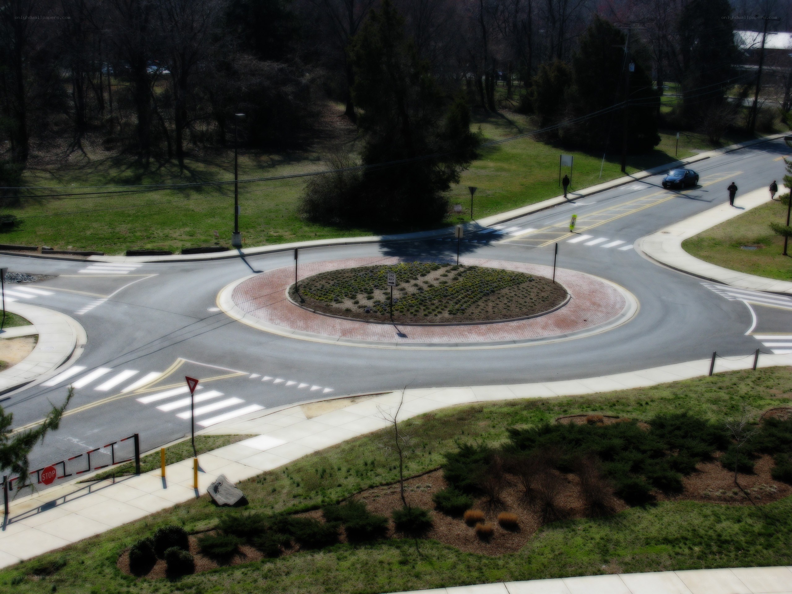 Aerial view of a roundabout intersection