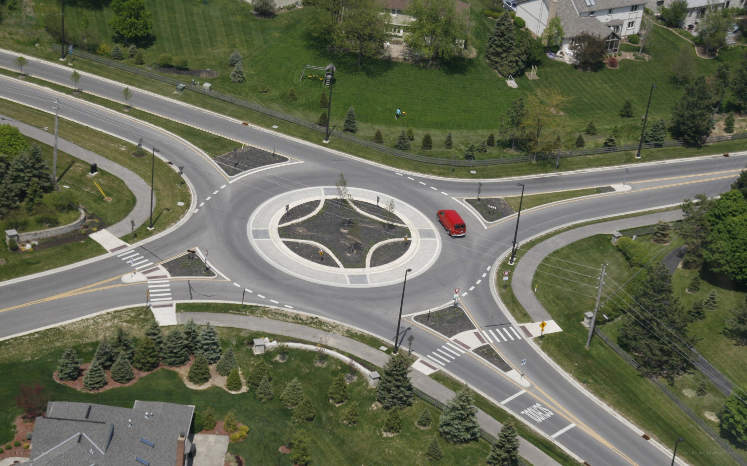 Aerial view of a roundabout intersection
