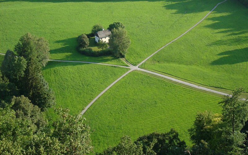Aerial view of a rural crossroads