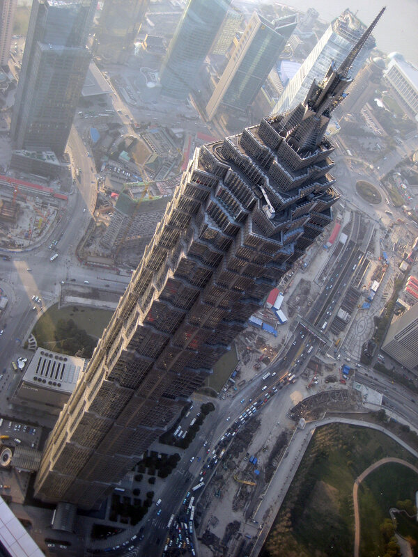 Aerial view of a skyscraper under construction