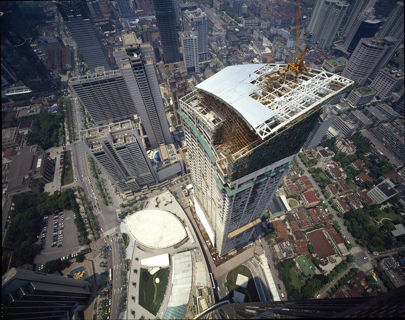 Aerial view of a skyscraper under construction